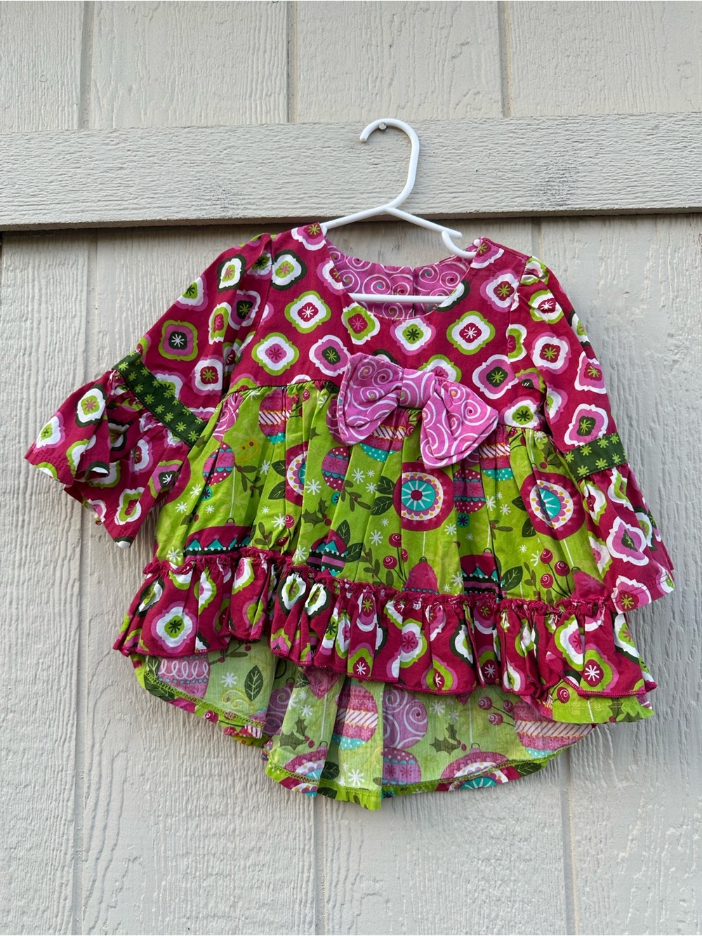 Jelly The Pug Pink & Green Patterned Ruffle Bow Tunic Christmas ornament